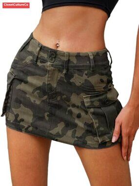 Women's Low Rise Denim Mini Skirt Stretch Cotton Cargo Jean Skirt